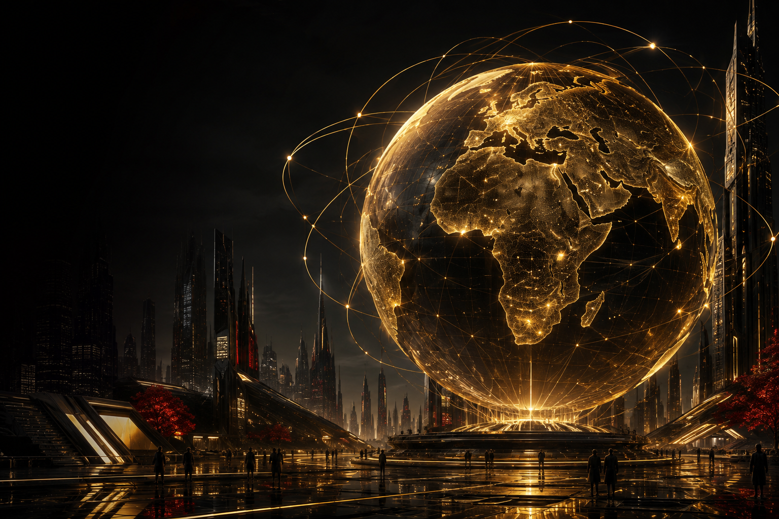Concept illustration of a golden connected Earth above a futuristic city